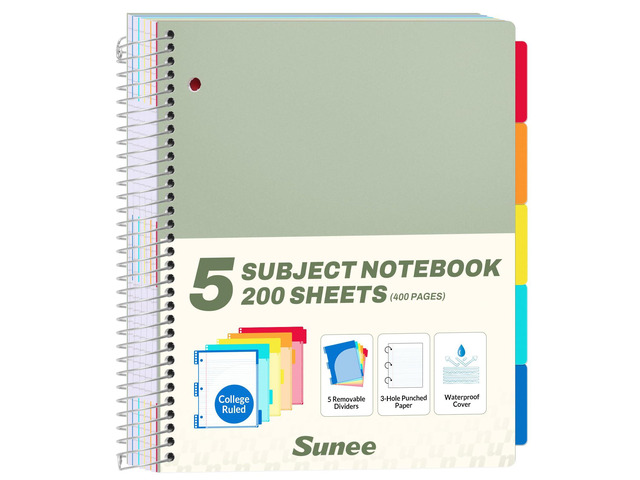 5 Subject Notebook College Ruled - 200 sheets (400 Pages), 9'x11', 5 Pocket Colored Dividers, 3-Hole Punched Paper, Sage Green