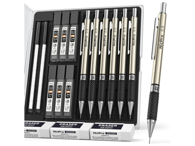 0.5 mm Art Mechanical Pencils Set in Case, 6 PCS Metal Drafting Pencil Lead Pencil 0.5 + 6 Tube HB Refill, Erasers, Comfort Grip For School...