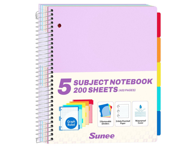 5 Subject Notebook College Ruled - 400 Pages, 9'x11', 5 Pocket Colored Dividers, 3-Hole Punched Paper, Purple