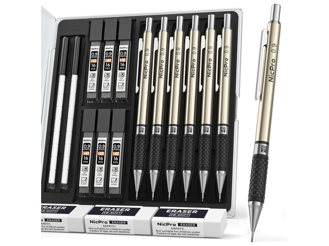 0.9 mm Art Mechanical Pencils Set in Case, 6 PCS Metal Drafting Pencil Lead Pencil + 6 Tube HB Lead Refill, Eraser, Comfort Grip For School...