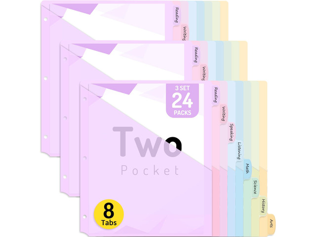24 Count Dividers with Two Pockets, 8 tab Binder Dividers Binder Organizer, Binder Divider with Tabs for School Office and Home Organization,...