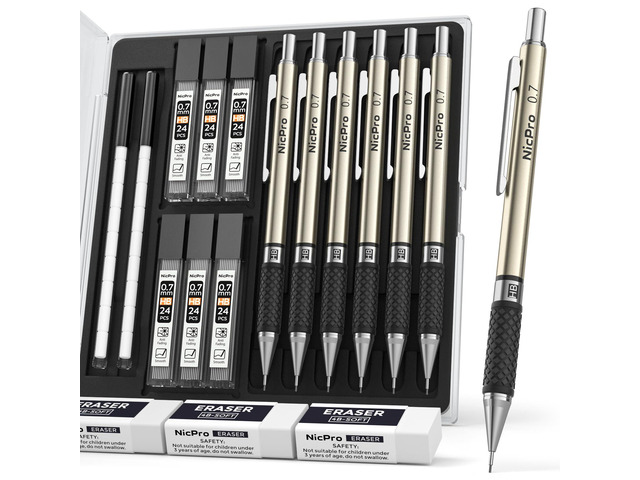 0.7 mm Art Mechanical Pencils Set in Storage Case, 6 PCS Metal Drafting Pencil Lead Pencil+6 Tube Lead Refills, Eraser, Comfort Grip For for School...