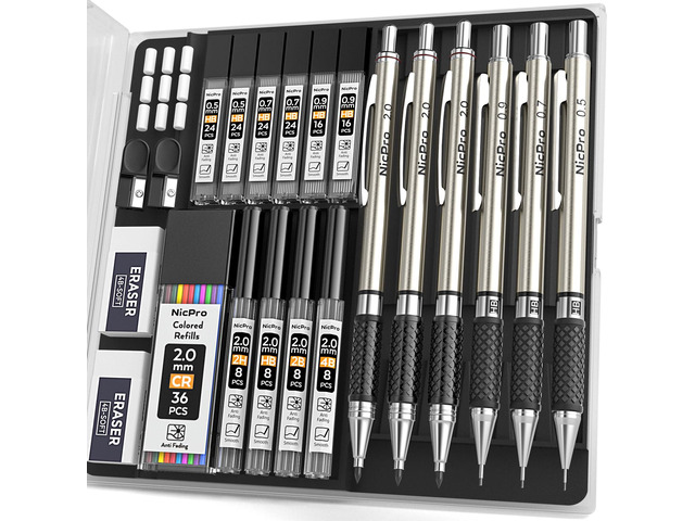 Art Mechanical Pencil Set in Storage Case, Metal Drawing Pencil 6PCS 0.5-2.0 mm Led Pencil + (4B 2B HB 2H Colors) Pencil Lead Refill, Comfort Grip...