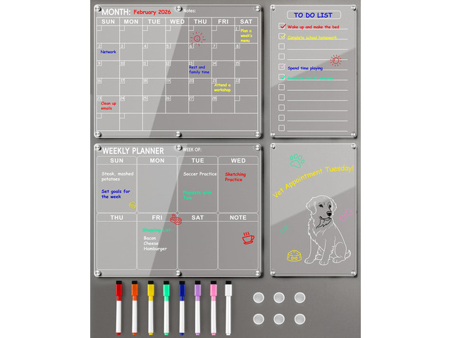 4 Pack Acrylic Magnetic Calendar for Refrigerator Set, Clear Monthly Weekly Daily Dry Erase Whiteboard for Fridge with 8 Color Markers, Meal...