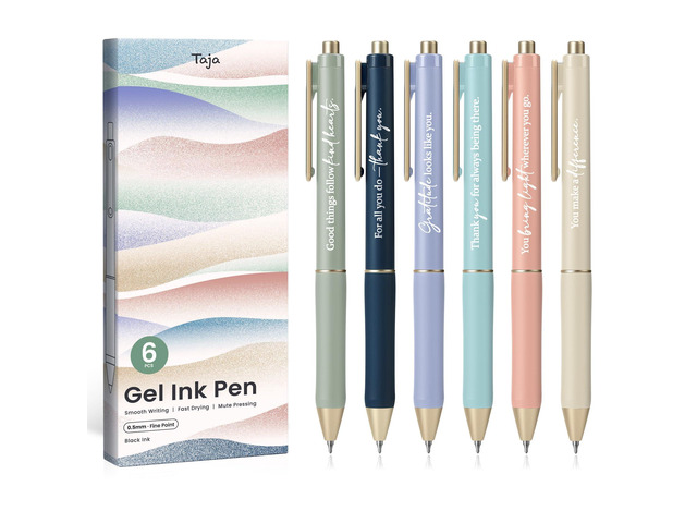 Gel Pens, 6 Pcs Quick Dry Black Ink Pens, 0.5mm Fine Point, Gratitude Retractable Pens with Soft Grip, Smooth Writing for Journaling and Note...