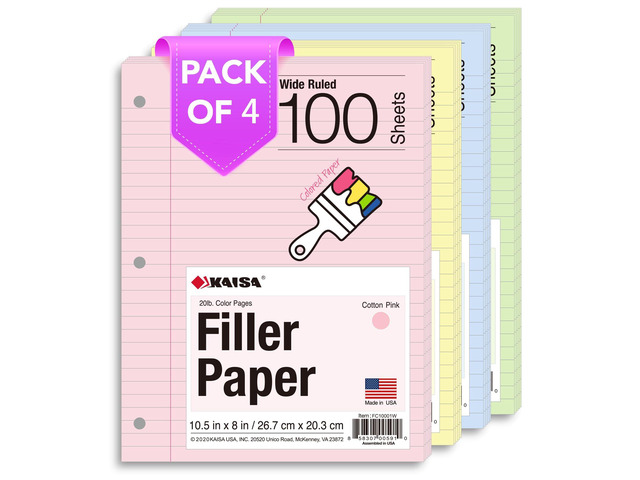 Filler Paper Colored loose Leaf Paper, Wide Ruled 8x10.5in Colored Paper, 3-Hole Punched for 3-Ring Binders,100Sheets/pack 4Packs, FC10001W