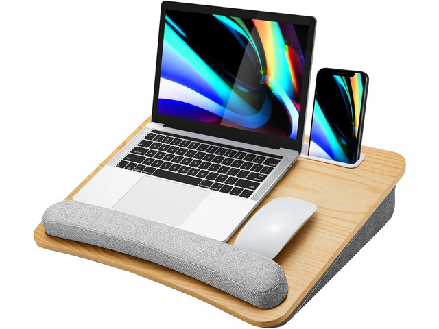 Laptop Lap Desk with Cushion, Fit up to 15.6' Laptop, Light Wood Portable Lap Desk with Pillow Cushion, Anti-Slip Strip & Storage Function for Home...