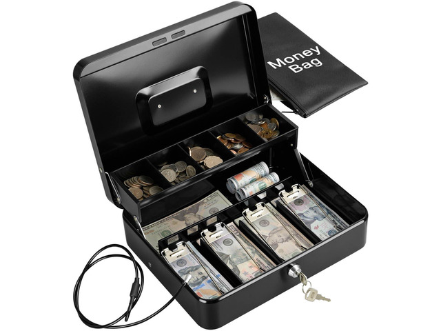 Metal Cash Box with Key Lock, Anti-Theft Cable & Waterproof Pouch Heavy Duty 0.7mm Steel, Windproof Bill Clips, Hidden Compartment, for Flea Market...