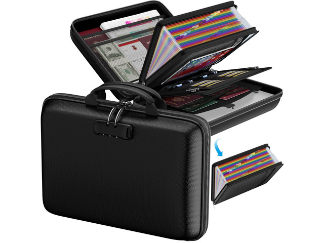 Fireproof Document Box with Lock & 25-Pocket Accordion File Folder Fire & Water Resistant,Hard Case File Organizer with Handle,Portable Home Office...