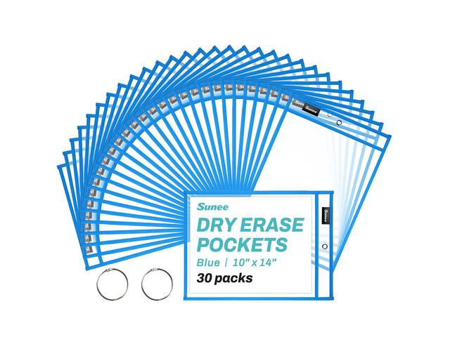 30 Packs Oversized Reusable Dry Erase Pocket Sleeves with 2 Rings, Blue 10x14 Ticket Holders, Clear Plastic Sheet Protectors, Teacher School...