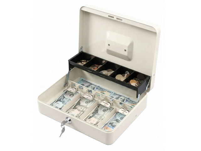 Locking Cash Box with Lock,Money Box with Cash Tray,Lock Safe Box with Key,Money Saving Organizer,11.81Lx 9.45Wx 3.54H Inches,White XL Large