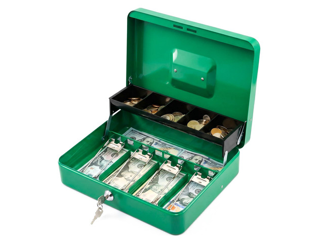 Locking Cash Box with Lock,Money Box with Cash Tray,Lock Safe Box with Key,Money Saving Organizer,11.81Lx 9.45Wx 3.54H Inches,Green XL Large