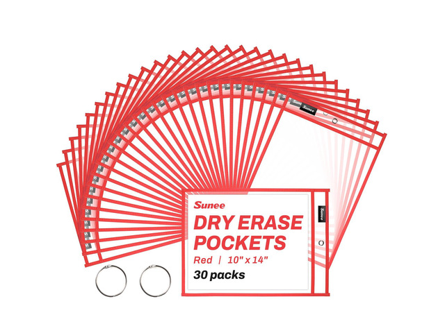 30 Packs Oversized Reusable Dry Erase Pocket Sleeves with 2 Rings, Red 10x14 Ticket Holders, Clear Plastic Sheet Protectors, Teacher School...