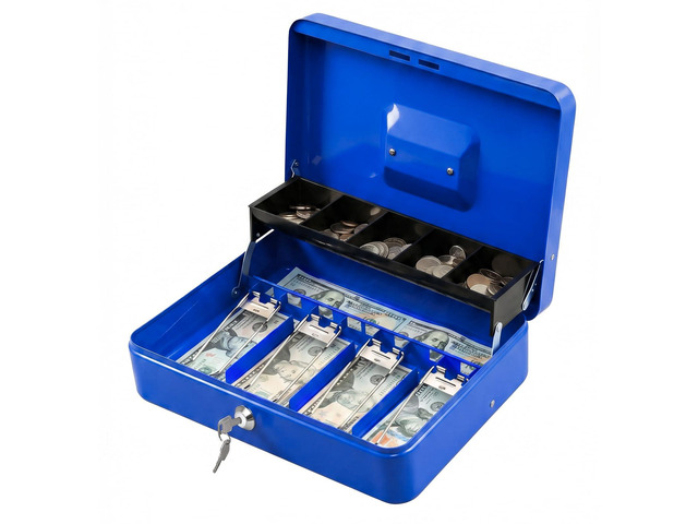 Locking Cash Box with Lock,Money Box with Cash Tray,Lock Safe Box with Key,Money Saving Organizer,11.81Lx 9.45Wx 3.54H Inches,Blue XL Large