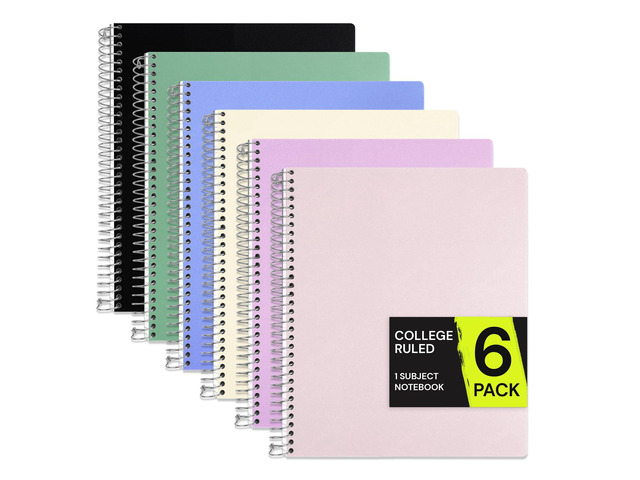 1 Subject Spiral Notebook College Ruled 6 Pack, 200 Pages, Assorted 100 Sheets, 9 x 11 in, Waterproof Plastic Cover, Durable, 3-Hole Punched,...