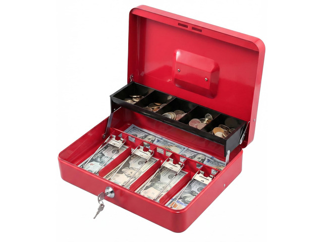 Locking Cash Box with Lock,Money Box with Cash Tray,Lock Safe Box with Key,Money Saving Organizer,11.81Lx 9.45Wx 3.54H Inches,Red XL Large