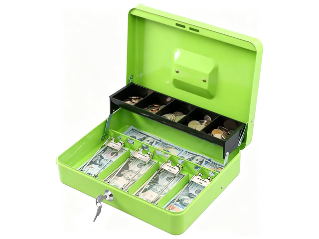 Locking Cash Box with Lock,Money Box with Cash Tray,Lock Safe Box with Key Money Saver,Money Saving Organizer,11.81Lx 9.45Wx 3.54H Inches,Limegreen...