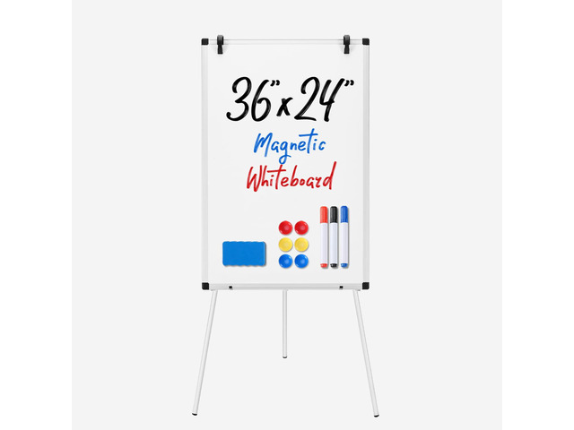 Magnetic White Board Easel 36'x24', Silver Aluminium Frame & White 36'x24' magnetic dry erase. Height 28'-48' for adults & kids. Foldable for...
