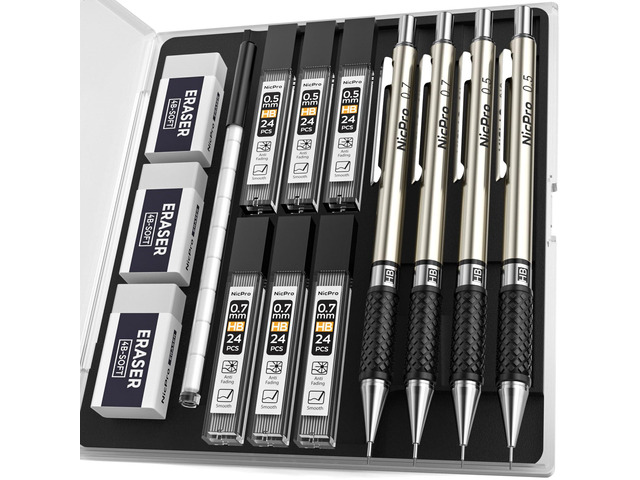 Art Mechanical Pencil Set in Case, 4 PCS Metal Drafting Pencil Metal Drafting Pencil Lead Pencil+6 Tube Lead Refills, Eraser, Comfort Grip For for...