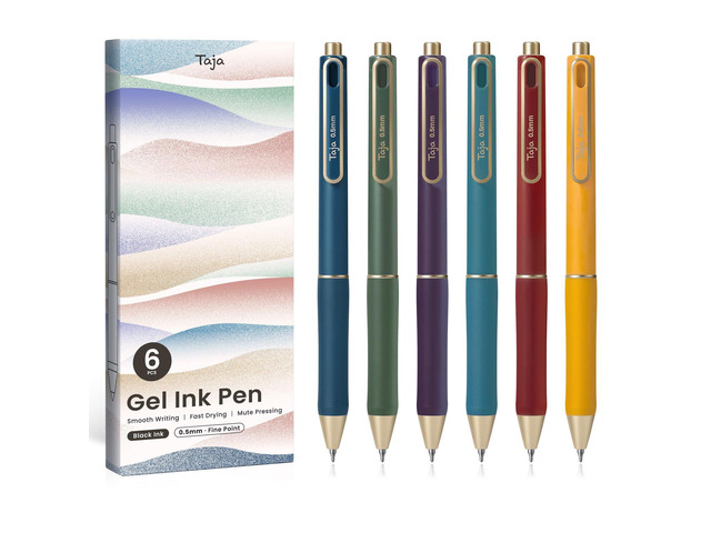 Gel Pens, 6 Pcs Quick Dry Black Ink Pens, 0.5mm Fine Point, Vintage Retractable Pens with Soft Grip, Smooth Writing for Journaling and Note Taking,...