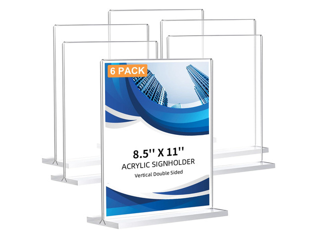 6 Pack Acrylic Sign Holder 8.5 x 11, Double-Sided Clear Sign Holder Plastic Stands for Display, T Shape Acrylic Table Sign Stands for Office Store...