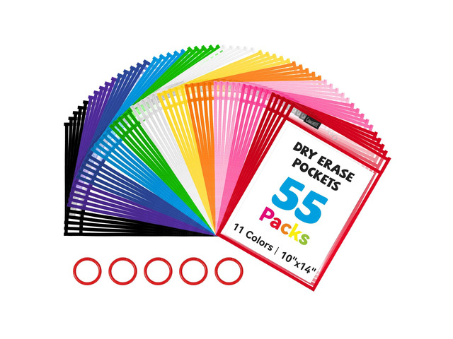 55 Pack Dry Erase Pockets, 10x14 Reusable Sleeves, 11 Colors 55 reusable PVC pockets hold 8.5 x 11 and 9 x 12 sheets; double sided wipe clean...