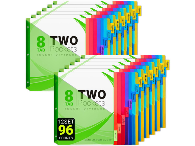 8-Tab Dividers for 3-Ring Binders, 96 Counts 3 Holes Index Dividers with 2 Pockets, Insertable 8 Tabs Binder Divider for 1/2''/1''/2''/3'' inch...