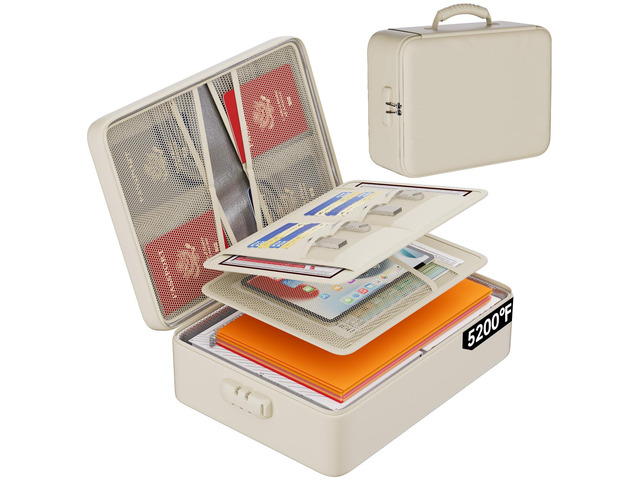 5200°F Fireproof Document Organizer Box with Lock, Beige (Soft) Heat Insulated 8 Layers File Storage Bag,Water-Resistant Zipper,Home Office Travel...