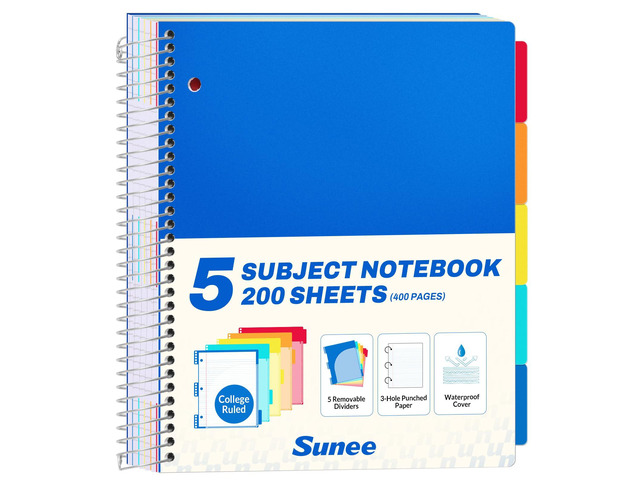5 Subject Notebook College Ruled - 400 Pages, 9'x11', 5 Pocket Colored Dividers, 3-Hole Punched Paper, Blue