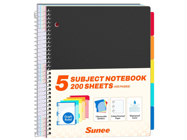 5 Subject Graph Paper Notebook - 400 Pages, 9'x11', 4x4 Graph Ruled Notebook, 5 Pocket Colored Dividers, 3-Hole Punched Paper, Black