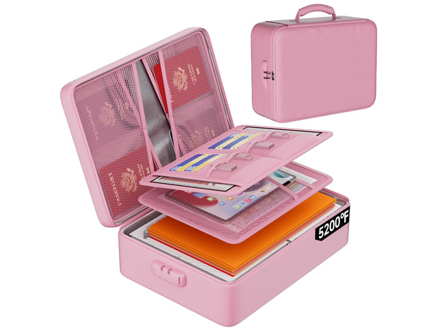 5200°F Fireproof Document Organizer Box with Lock, Pink (Soft) Heat Insulated 8 Layers File Protection Bag,Water-Resistant Zipper,Portable Home...