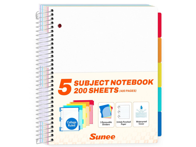 5 Subject Notebook College Ruled - 400 Pages, 9'x11', 5 Pocket Colored Dividers, 3-Hole Punched Paper, White