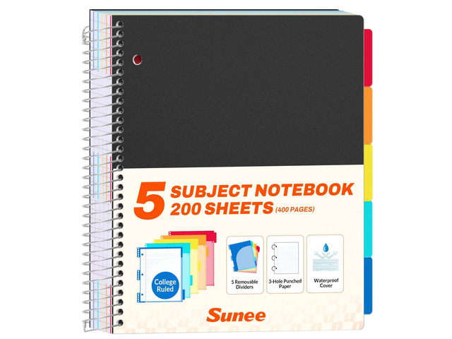 5 Subject Notebook College Ruled - 400 Pages, 9'x11', 5 Pocket Colored Dividers, 3-Hole Punched Paper, Black