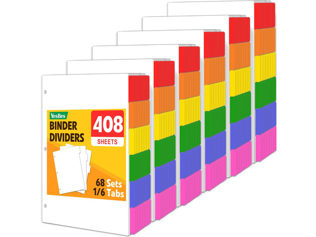 408 Pcs Binder Dividers with Multicolor Tabs, 1/6 Cut Tabs, Dividers for 3 Ring Binder, Blank Write On Binder Dividers in 6 Tab Sets, Letter Size,...