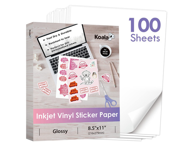 Printable Vinyl Sticker Paper for Inkjet Printer, Glossy 100 Sheets Waterproof, 8.5x11 Inch, White Adhesive Label Paper, Vivid Colors,...