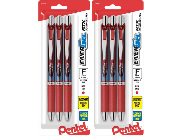 EnerGel RTX Retractable Liquid Gel Pens, Fine Point, 0.5mm, 54% Recycled, Assorted Barrel Colors, Red Ink, Pack Of 6 Pans