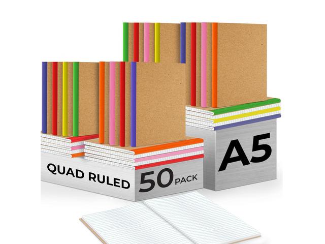 50 Pack Bulk Graph Paper Composition Notebook, A5 Kraft Notebook Bulk Quad Ruled Margins, 120 Pages (60 Sheets), A5 Paper, Graph Notebooks, Rainbow...