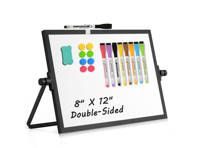 Double-Sided Magnetic White Board with Stand, 12' x 8' (Black) Dry Erase Board with Stand, Desktop Whiteboard Easel, Portable Small White board dry...