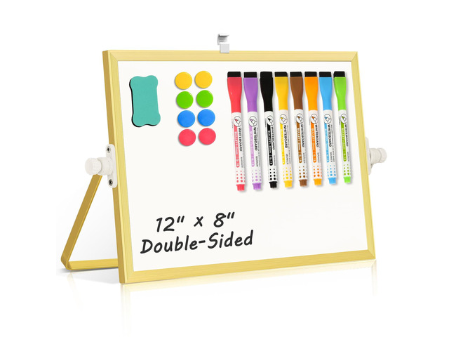 Double-Sided Magnetic White Board with Stand, 12' x 8' (Gold) Dry Erase Board with Stand, Desktop Whiteboard Easel, Portable Small White board dry...