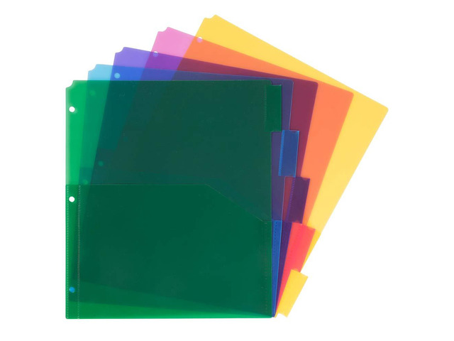 Plastic Index 5-Tab Dividers w/Double Pockets - 9 3/4 x 11 1/2 - Assorted Multi-Color - 6 Packs of 5 Tabs/Set