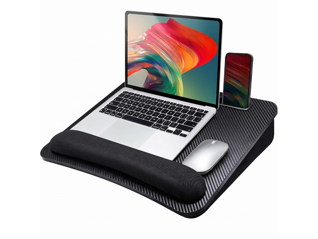 Laptop Lap Desk with Cushion, Fit up to 15.6' Laptop, Black Portable Lap Desk with Pillow Cushion, Anti-Slip Strip & Storage Function for Home...