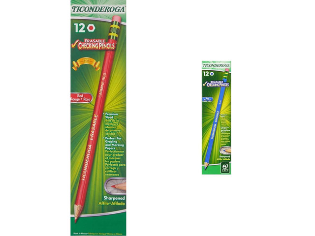 Erasable Checking Pencils with Eraser, Pre-sharpened, Red, 12-Pack (14259) & Erasable Checking Wood-Cased Pencils, Pre-Sharpened, Blue, 12 Count
