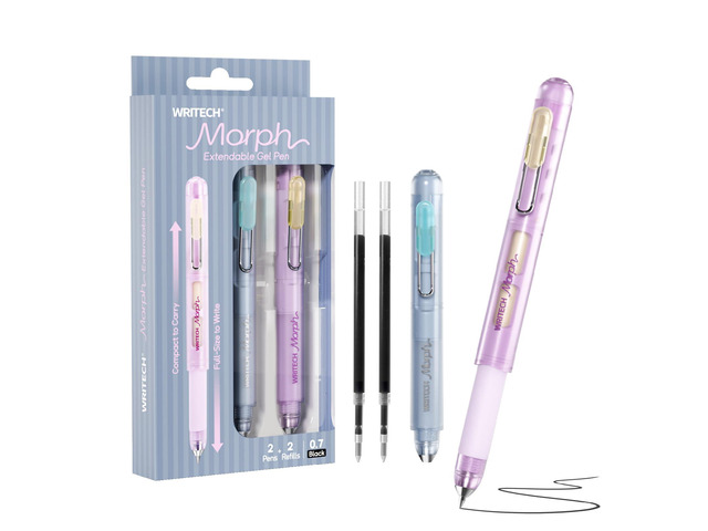 Morph Extendable Gel Pens: 0.7mm Medium Point Black Ink Pocket-to-Full-Size Design Translucent Soft Grip Barrel Includes 2 Pens and 2 Refills...
