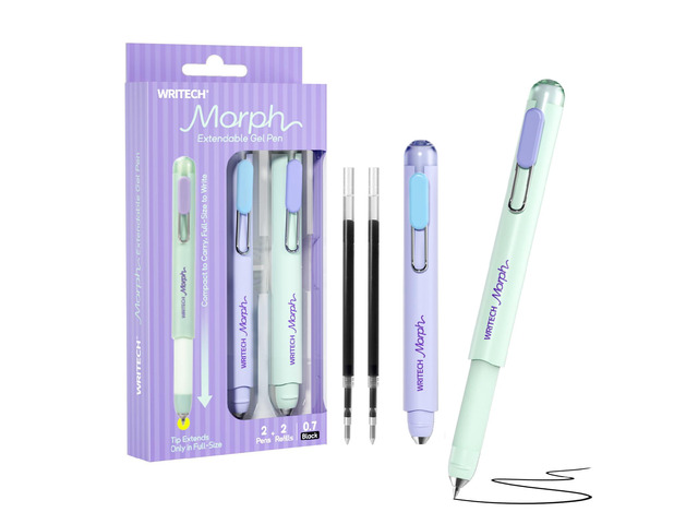 Gel Pens Medium Point: Morph 0.7mm Black Ink Mini to Full Size Soft Grip Portable Extendable Pocket Pen Set with 2 Pens and 2 Refills