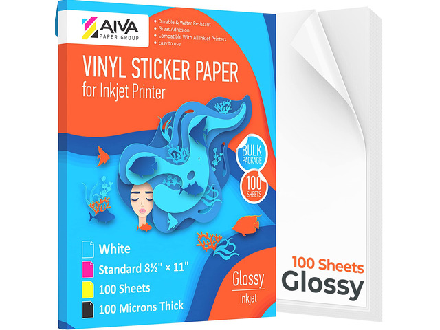 Printable Vinyl Sticker Paper - Waterproof Decal Paper for Inkjet Printer - 100 Self-Adhesive Sheets - Glossy White - Standard Letter Size 8.5'x11'