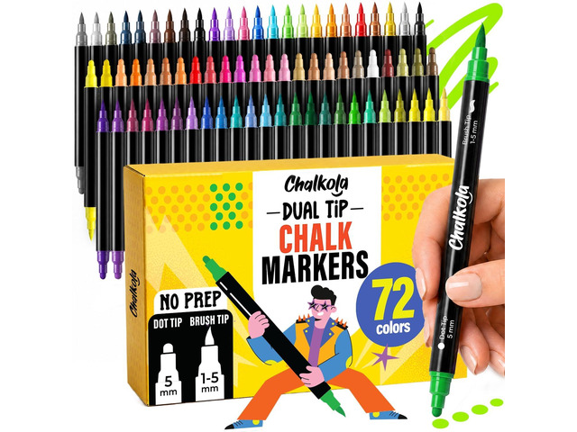 72 Liquid Chalk Markers Dual Tip Dot & Brush - Erasable Chalk Pens 72 Colors - Neon, Pastel, Metallic - Non Toxic, No Prep Chalk Marker for...