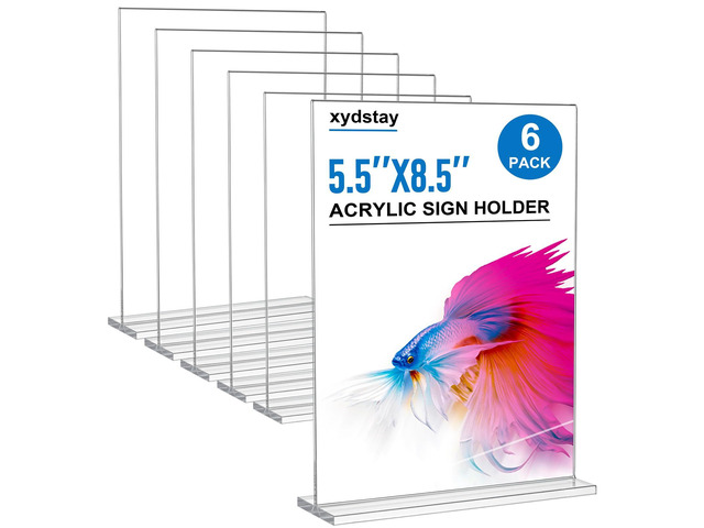 5.5 x 8.5 Acrylic Sign Holder 6 pack, Clear Table Display Stand T-Shaped Plastic Menu Holder with Stable Triangle Slot, Vertical Sign Holder for...