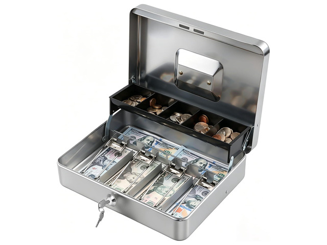 Locking Cash Box with Lock,Money Box with Cash Tray,Lock Safe Box with Key Money Saver,Money Saving Organizer,11.81Lx 9.45Wx 3.54H Inches,Lightgrey...