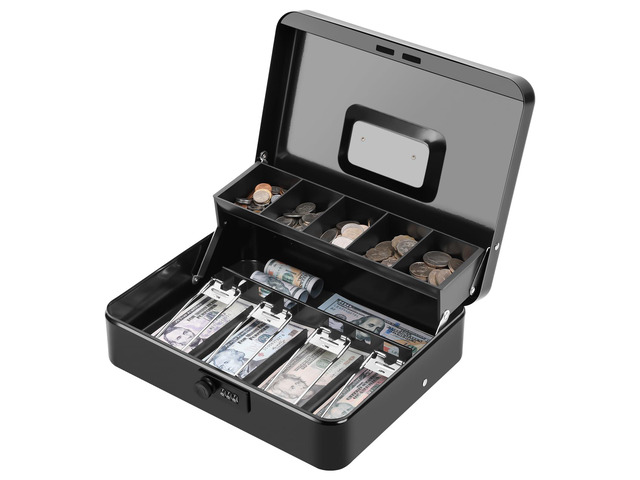 Metal Cash Box with Combination Lock & Spring-Loaded Bill Clips, 5-Compartment Cantilever Coin Tray, Portable Safe for Yard Sales/Craft Fairs/Small...