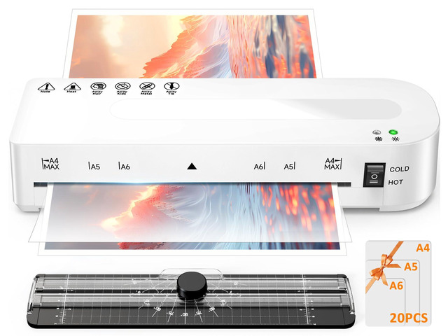 A4 Laminator Machine Hot & Cold with 20 Laminating Sheets and Trimmer 9 Inch Laminating Machine for Office, School, Business and Home - White